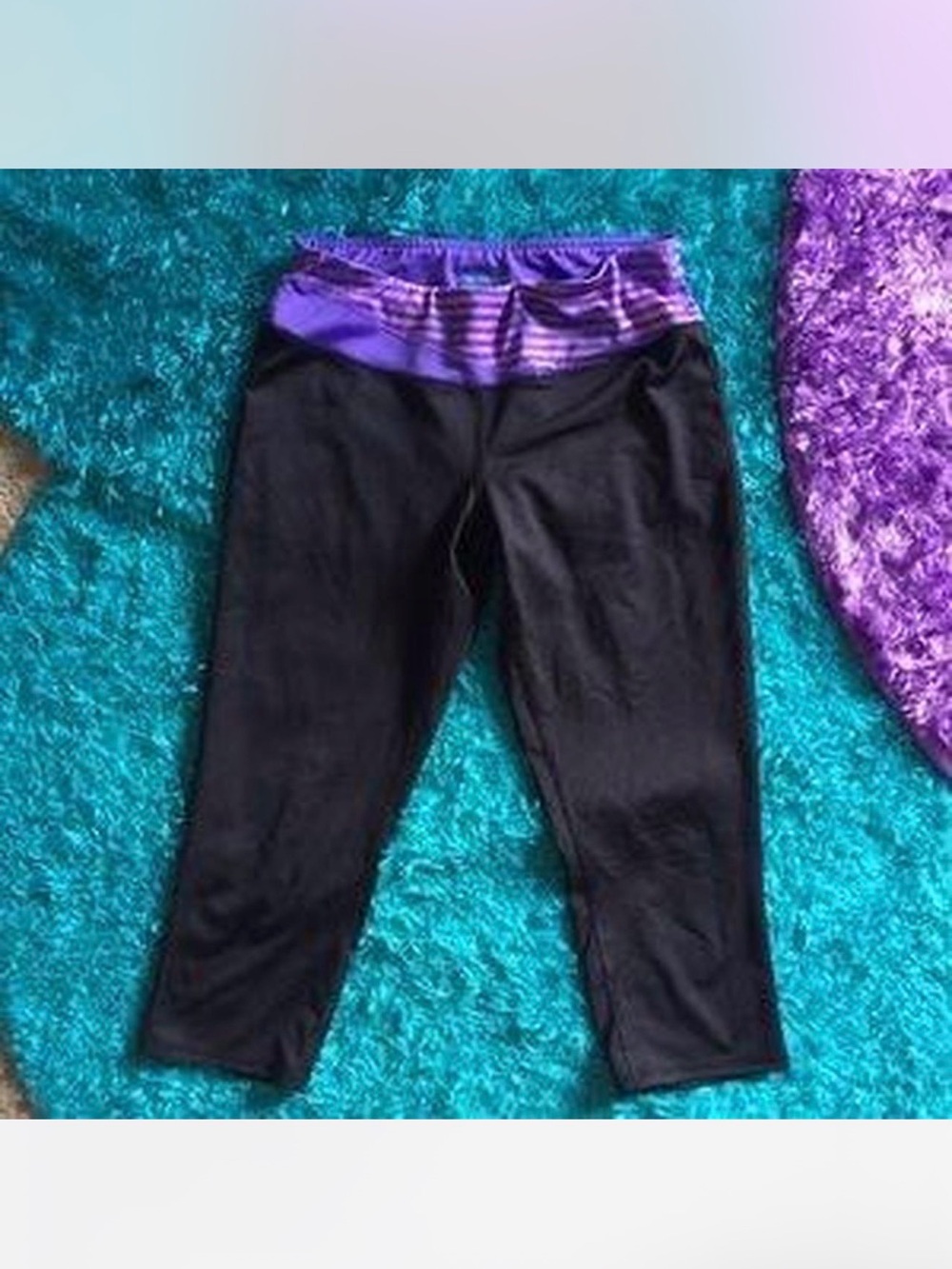 Tek Gear Black Capri Leggings with Purple Fold-Over Waistband S
